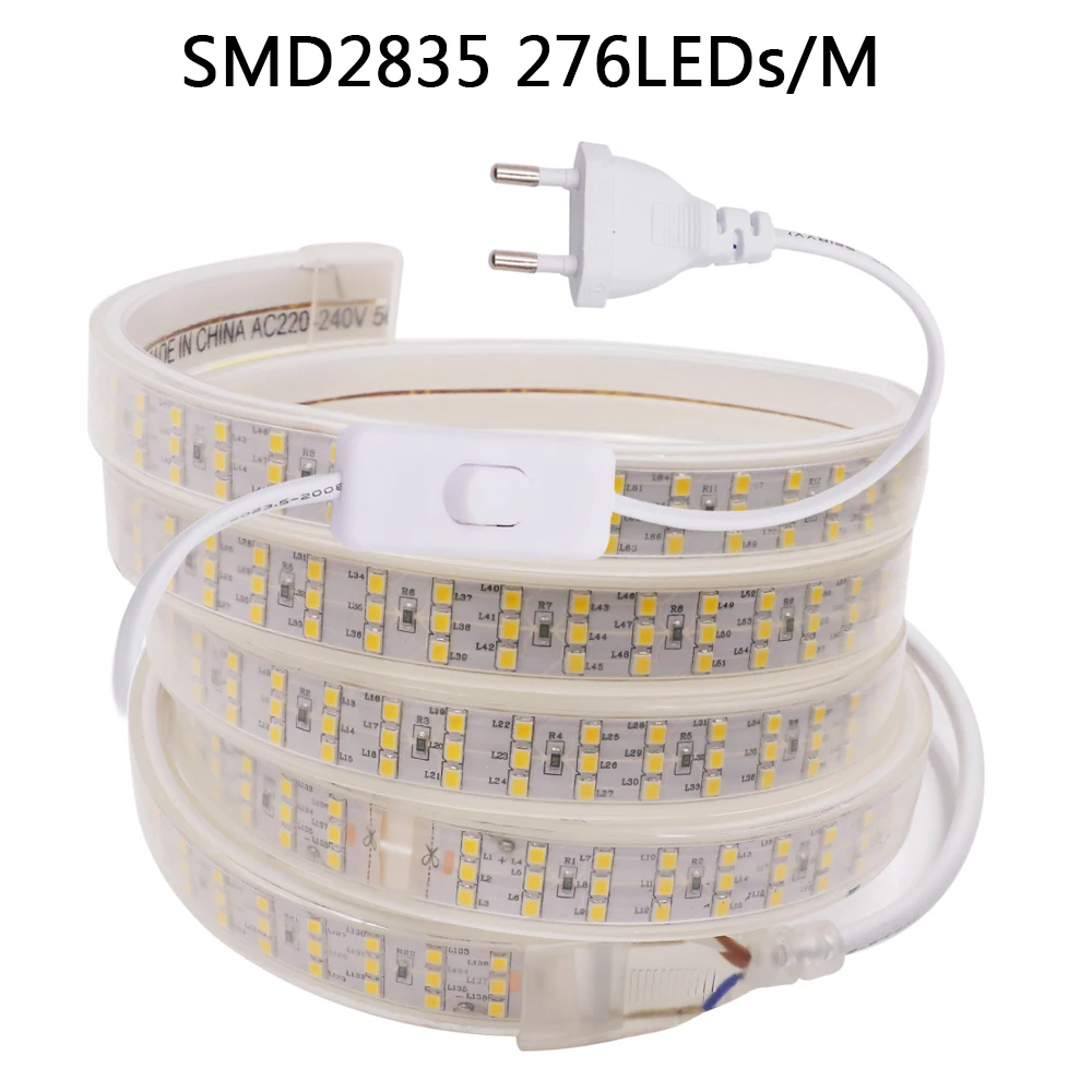 Wodoodporna 220V LED pasek światła za pomocą przełącznika wtyczka SMD5730 2835 5050 Super jasne Led taśma 276/240 diod/m na zewnątrz elastyczne