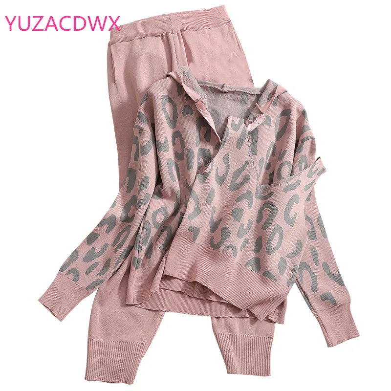 2024 autumn vest hooded cardigan contrast color leopard print jacket top with harem pants three-piece suit knitted women