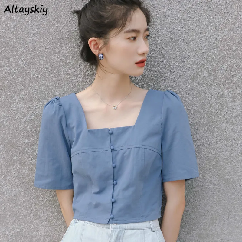 Blouses Women Korean Square Collar Lovely Design College Girls Blouse Slim Single Breasted All-match Sweet Summer Femme Crop Top