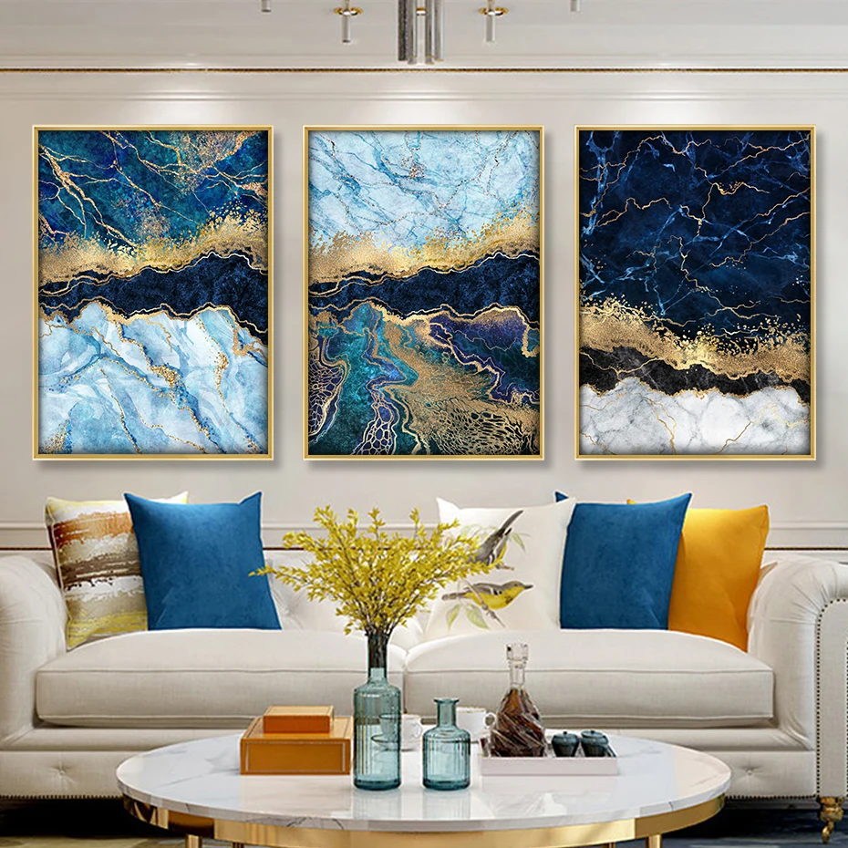 Modern Abstract Liquid Blue Golden Veins Marble Background Canvas Paintings Wall Art Print Poster Picture Living Room Home Decor