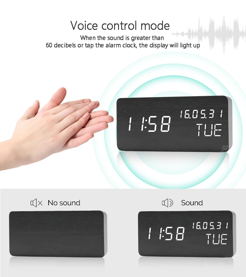 Jinsun Tafel Klok Geluid Controle Desktop Lichtgevende Wekker Voor Kinderen Houten Kalender Moderne Verstelbare Helderheid