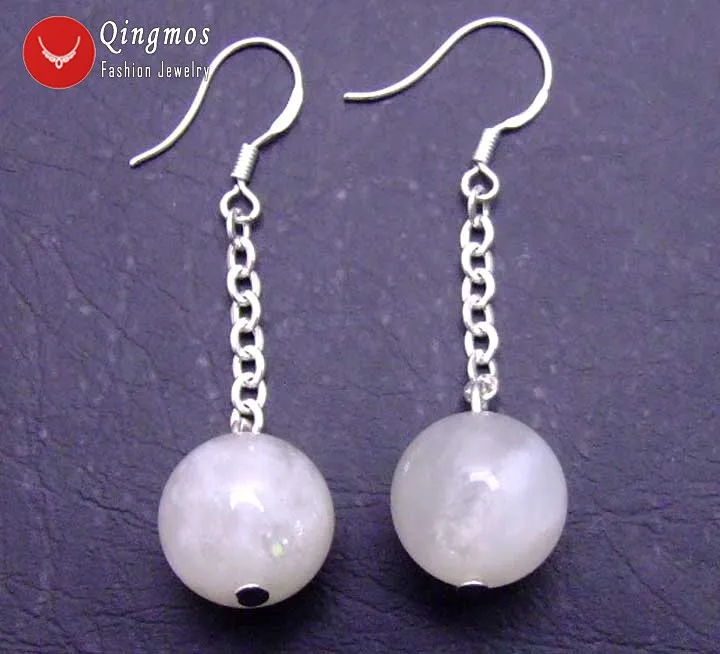 Qingmos Genuine 6mm Round Natural White MoonStone Earring for Women with Silver S925 Hook Dangle Earring  2