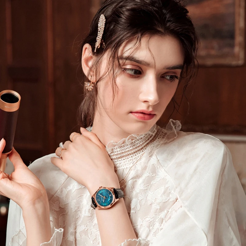 LOBINNI Luxury Mechanical นาฬิกาข้อมือผู้หญิง High-End Seagull Movement นาฬิกาผู้หญิงที่ไม่ซ้ํากันสีเขียว Dial นาฬิกาวันที่