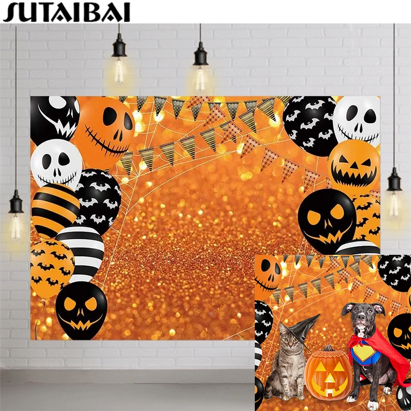 

Halloween Backdrop for Photography Balloons Orange Shiny Glitter Sequins Background Kids Birthday Party Baby Shower Photo Studio