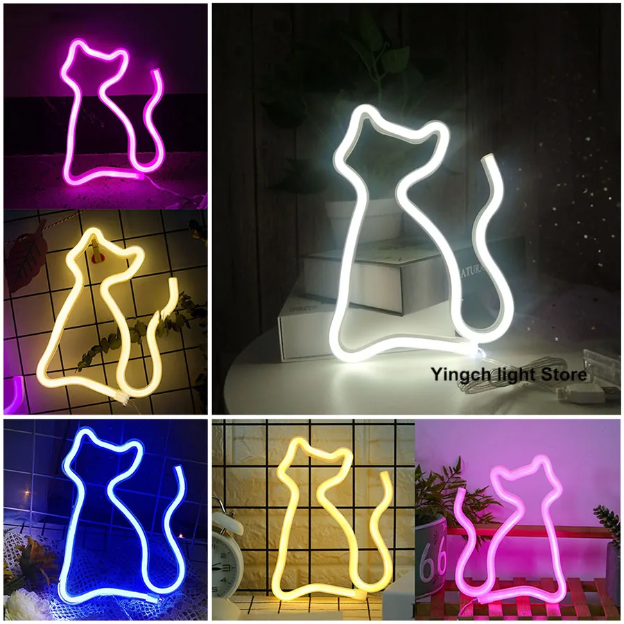 Cat Neon Light Sign LED Animal Figure Modeing Lamp Decoration Ornaments for Room Pet Shop Party Holiday USB and Battery Powered