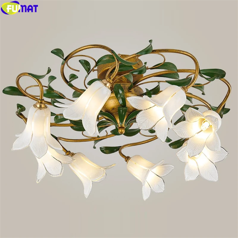 

FUMAT Ceiling Lamp Lily Tulips Flower White Glass Lampshade Classical Light Chandeliers Rural American Style Home Decor Lighting