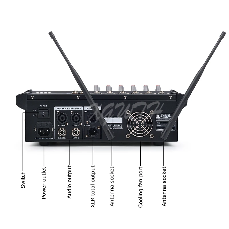 Mezclador amplificador de 6 canales con 2 micrófonos inalámbricos de mano, micrófono cardioide dinámico, Bluetooth, USB, consola de mezcla de efectos DSP 16