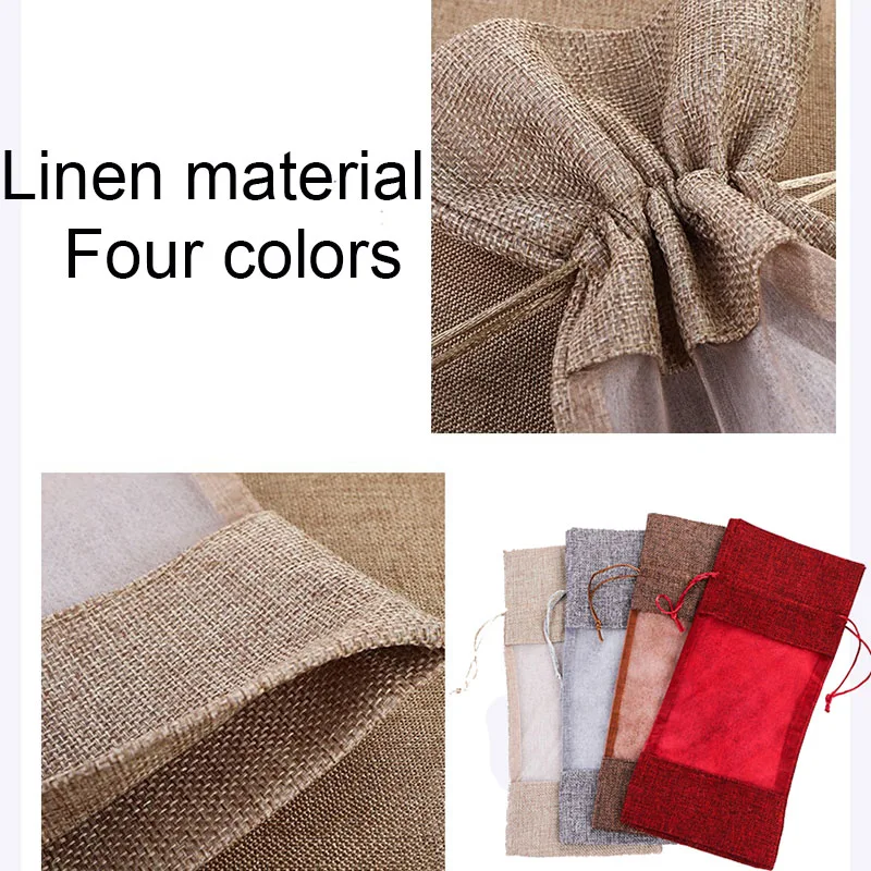 10pcs Natural Burlap Linen Jute Wine Bottle Packaging Bags Wedding Gift Drawstring Storage window organza Pouches Custom Logo