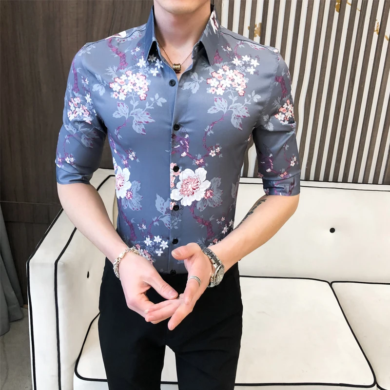 Flower 2020 Summer Print Hawaiian Men Shirt Night Club Streetwear Social Shirt Casual Slim Fit Short Sleeve Shirts Chemise Homme