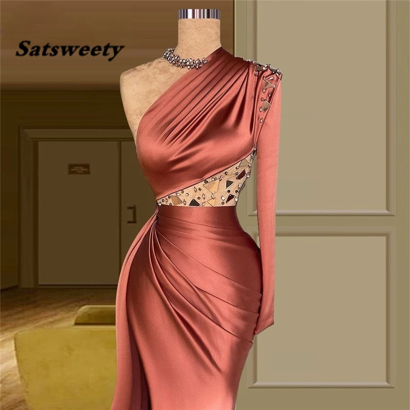 Exquisite Light Brown Satin Mermaid Prom Dresses One Shoulder Long Sleeve Dimond Pleats Floor Length Evening Gowns 2024