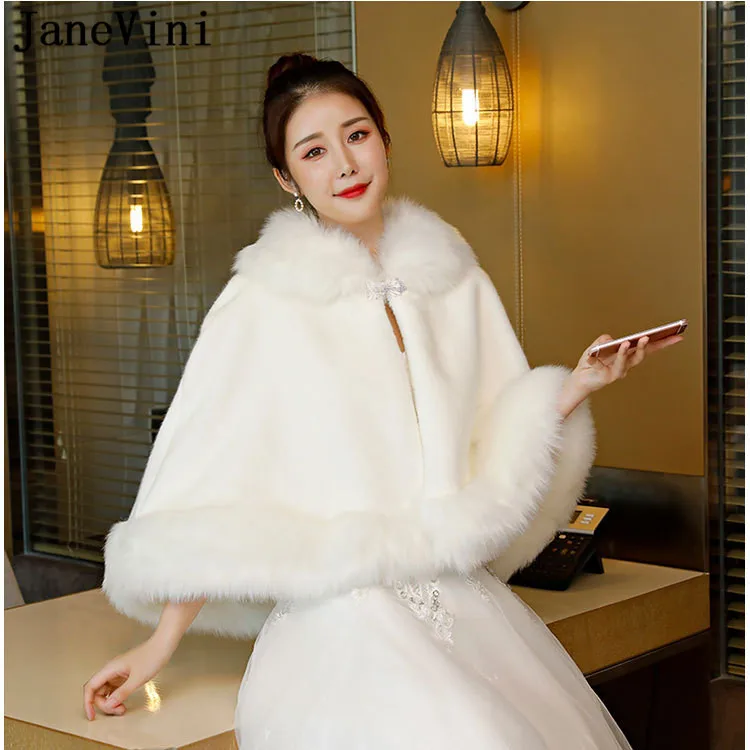 

JaneVini Fashion Women Jacket Faux Fur Shawl Wrap Winter Cape Jackets White Wedding Coat Bridal Dress Boleros Stoles Cloak Shrug