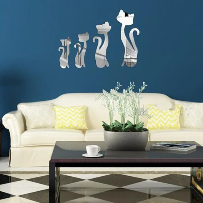 Environmental Four Cat Removable Mirror Sticker Stereoscopic Stickers for Living Room Art Home Decor Mural Wall Decoration