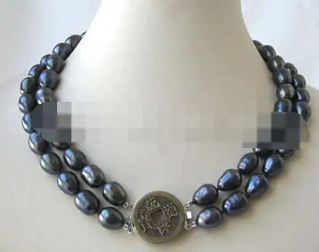 

P3207 - 2row 17-18" 9-10mm natural black baroque freshwater pearl necklace -