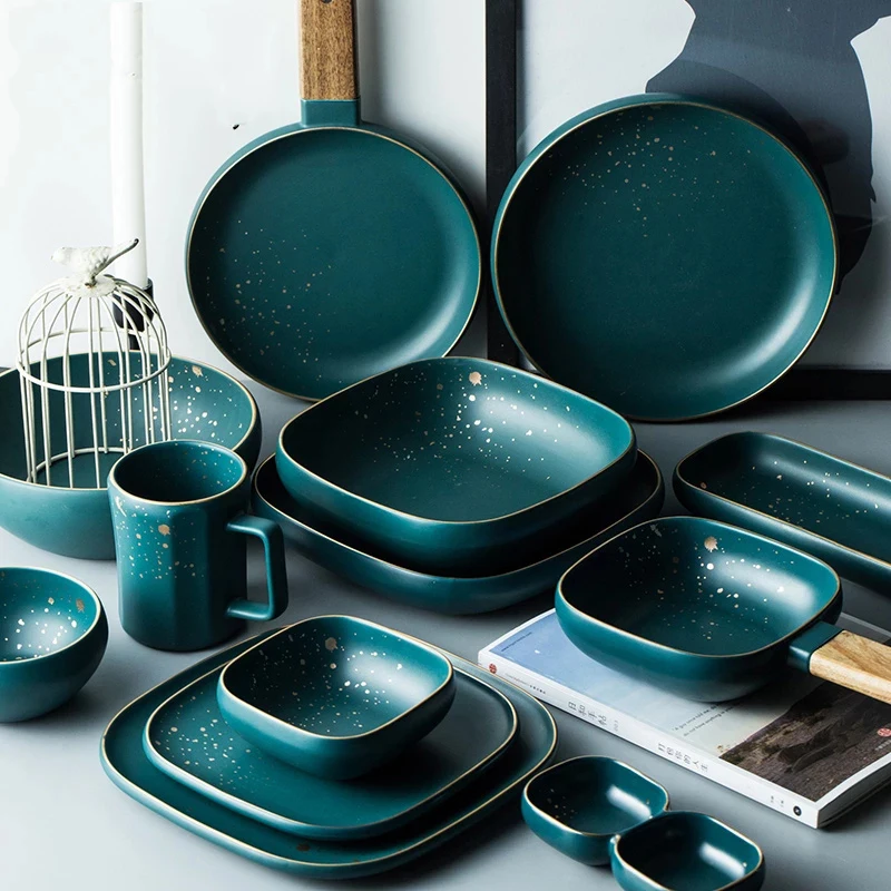 High Fashion Retro Green Nordic Ceramic Tableware Set Dinnerware Set Bowl Plate Soup Bowl Set Modern Style High-end