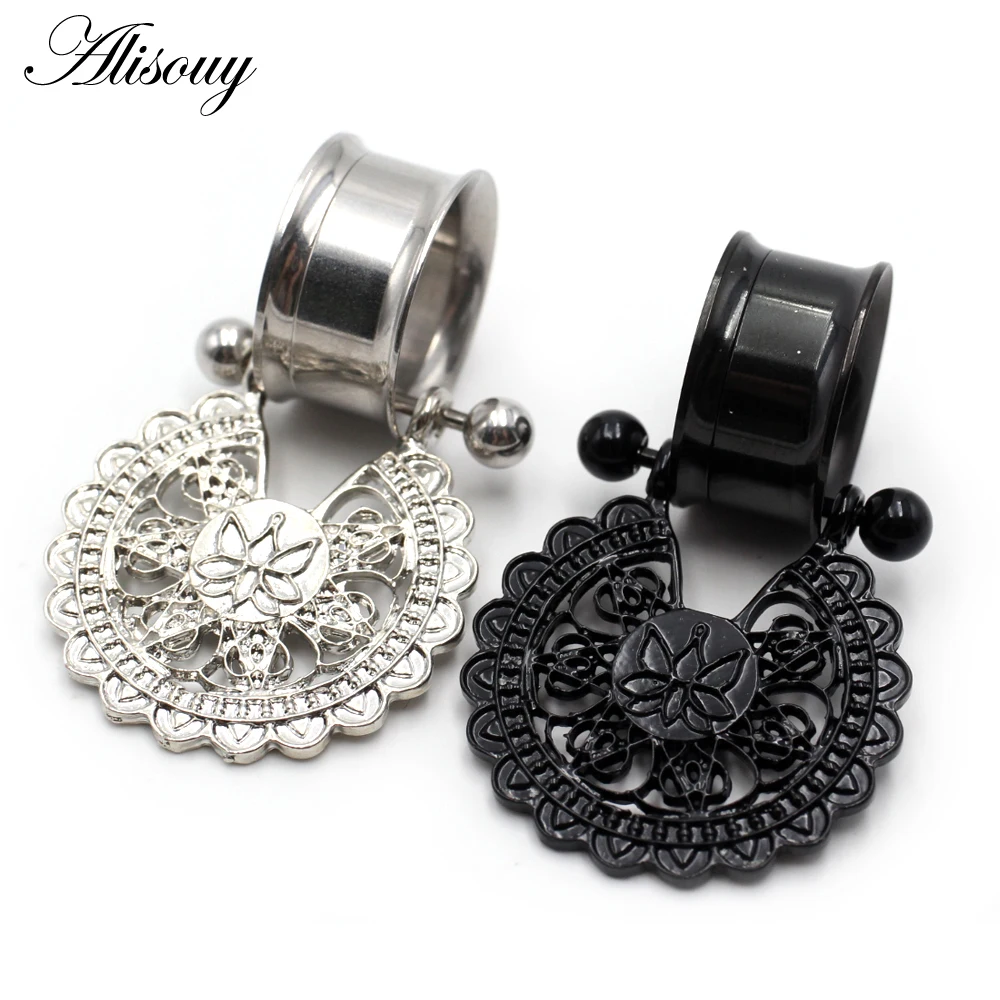 Alisouy 2pcs Stainless Steel Heart Flower Dangle Double Flare Flesh Ear Gauge Plug Tunnel Expander Stretcher  Piercing Jewelry