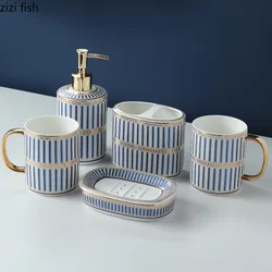 Ceramics Blue Pink Vertical Stripes Wash Five-piece Set Bathroom Product Mouthwash Cup Soap Dish Lotion Bottle Toothbrush Holder