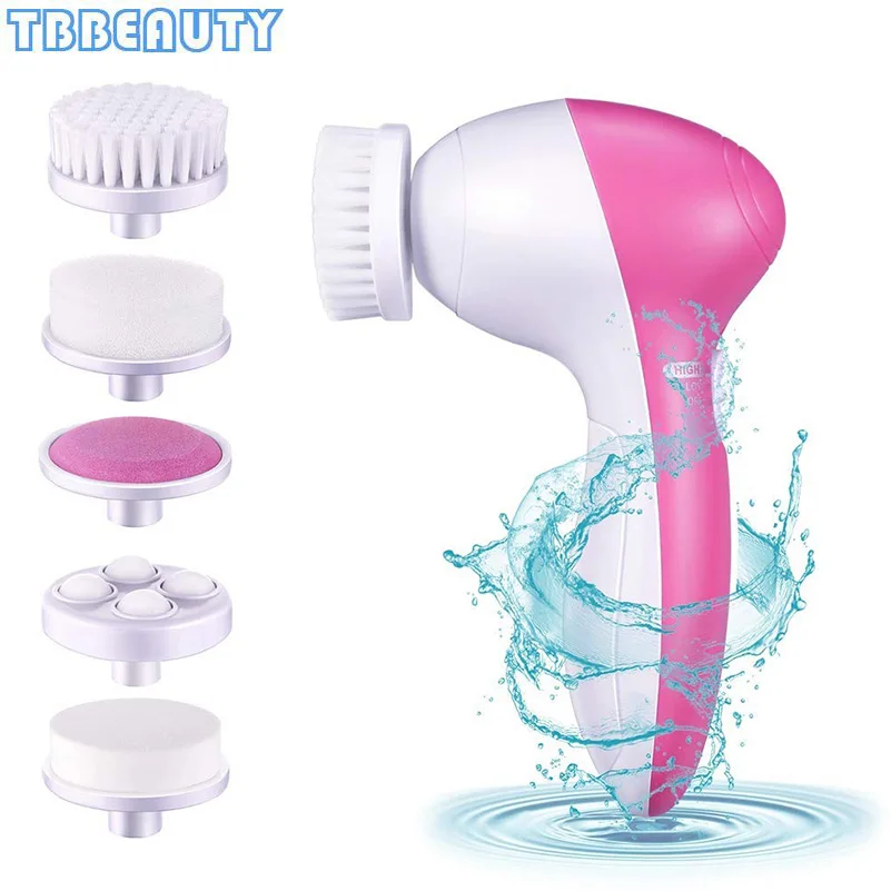 5 in 1 Facial Cleansing Brush Face Pore Cleaner Washer Facial Skin Care Cleaning Brush Set 2 Speeds Massager With 5 Brush Heads