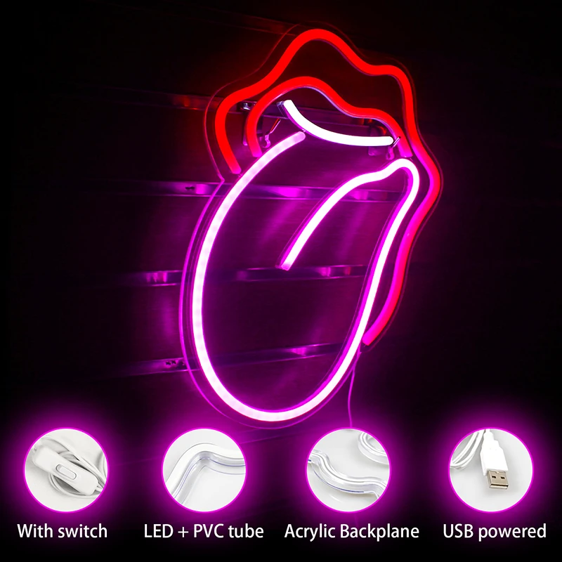 Sexy Flame Red Lips Big Tongue Neon Signs Neon Lights USB Power With Switch led Neon Sign Night Lights Room KTV Bar Party Decor