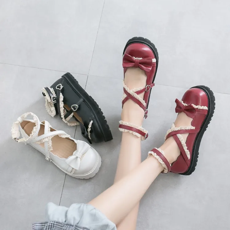 일본 메리 제인 소녀 데일리 빈티지 스위트 로리타 라운드 헤드 버클 여성 신발 레이스 업 Bowknot Kawaii 신발 Loli Cosplay