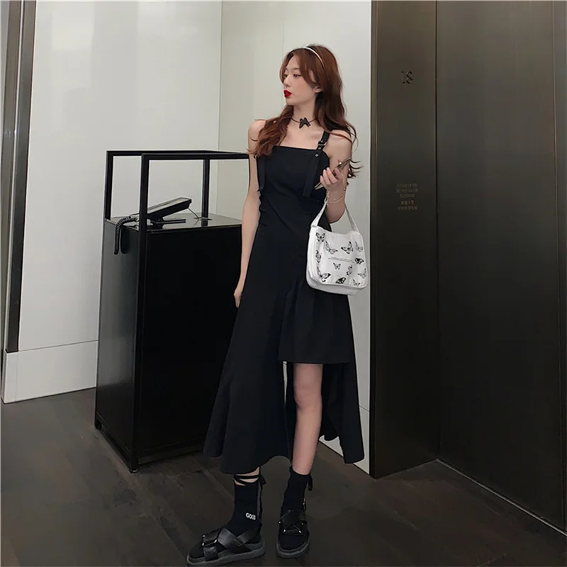 Streetwear Women Dress Fashion Summer Asymmetrical Sleeveless Sundress Lace-up Vintage Black Solid College Harajuku Chic Girls