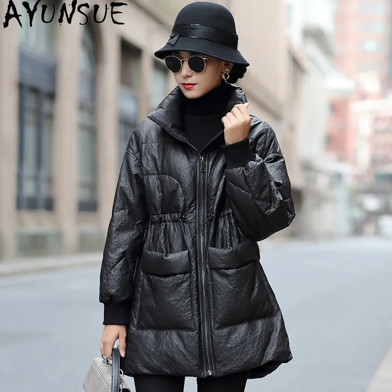 AYUNSUE Musim Dingin Asli Jaket Kulit Wanita Panjang Ke Bawah Mantel Wanita Domba Real Mantel Wanita Parka Fashion Chaqueta Cuero Mujer