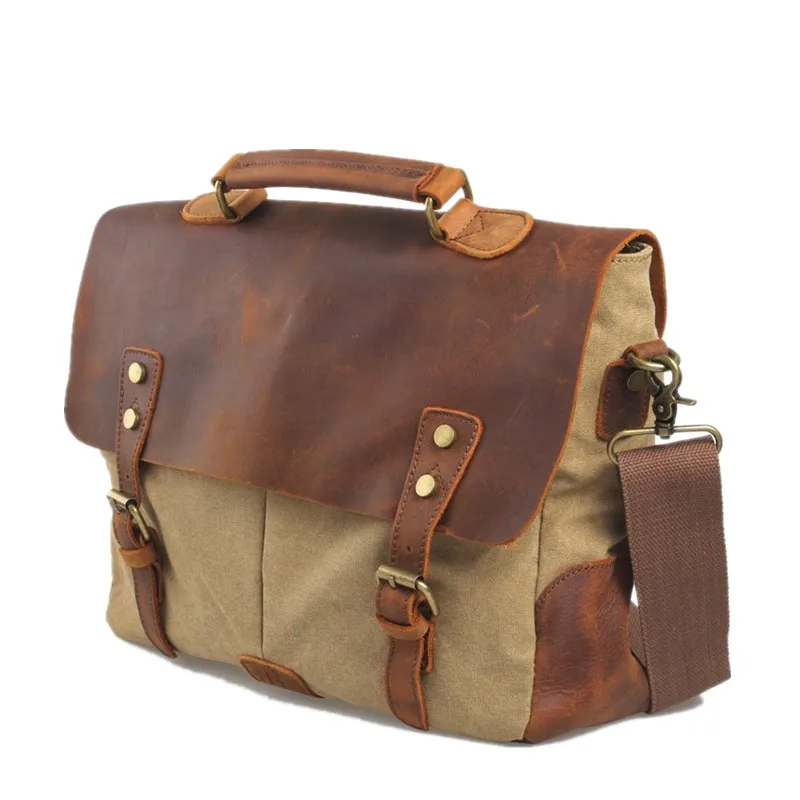 Vintage Waxed Canvas Male Messenger Bag Oiled Leather Business Bag Large Capacity School Laptop Crossbody Bags for men