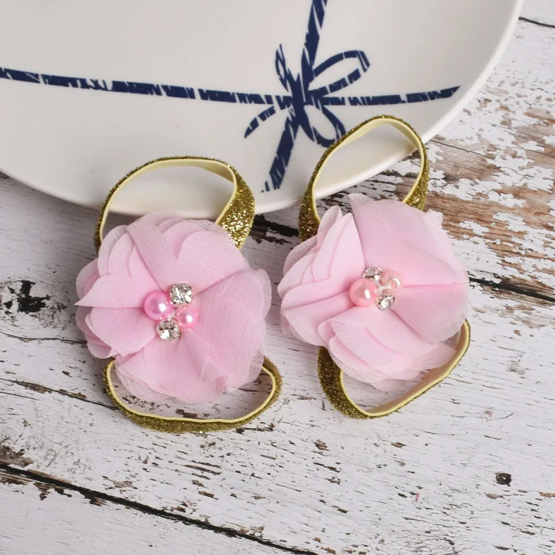 

New Baby Barefoot Sandals Glitter Gold Band Flower Newborn Sandals Baptism Shoes Baby Toddler Shoes Photo Props Newborn to 12M