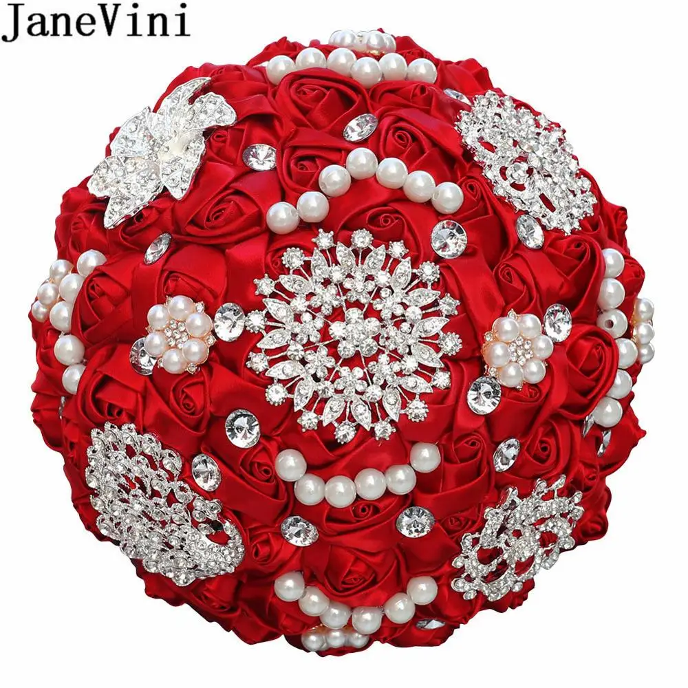 JaneVini Luxury Pearl Diamond Bride Flower Bouquet Wine Red Black Sparkly Rhinestones Crystal Bridal Roses Wedding Bouquets 2020