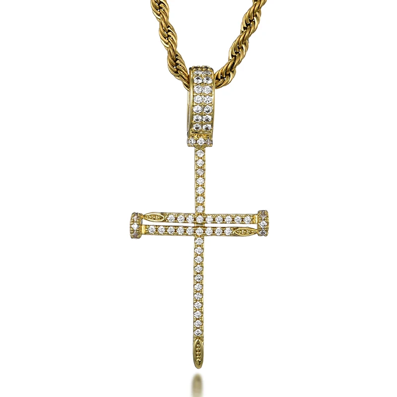 US7 Iced Out Bling Nail Cross Pendant Necklace For Men Women Micro Paved AAA CZ Gold Silver Color Charm Chains Hip Hop Jewelry