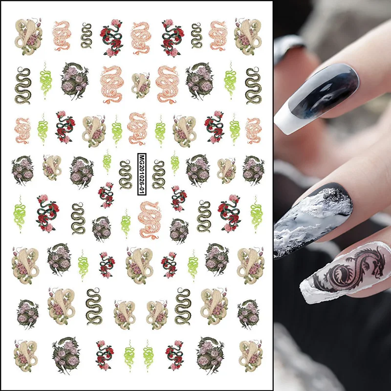 New arrived 3D Nail Stickers Decals Colorful Snak With Flowers Design Adhesive Stickers Nail Art  Decoration Z0370