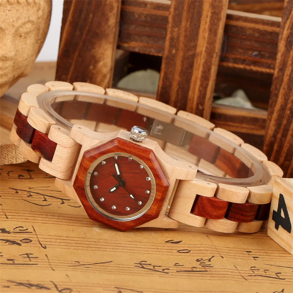 Vogue Rhinestones Display Female Wood Bracelet Wristwatch Quartz Movement Natural Full Wooden Bangle Timepiece Lady Casual Clock