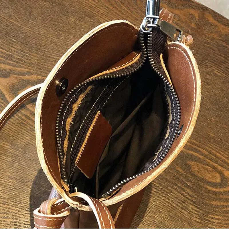 Lady Small Casual Messenger Bag Flap Women Genuine Leather Handbag Luxury Design Vintage Bucket Phone Shoulder Crossbody Bags