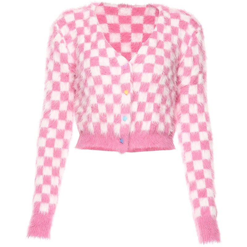 Pink and White Check Cardigan Sweater Women Fuzzy Mohair Crop Knit Long Sleeve Heart-Shape Button Soft Girl Aesthetic Outfit /