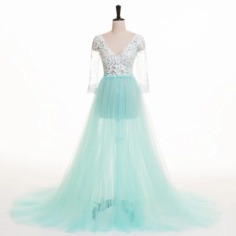 Dentelle formelle enceinte Photo robes manches longues Tulle bleu Royal bal robes de soirée grande taille 2021 robe de soirée tenue de fête