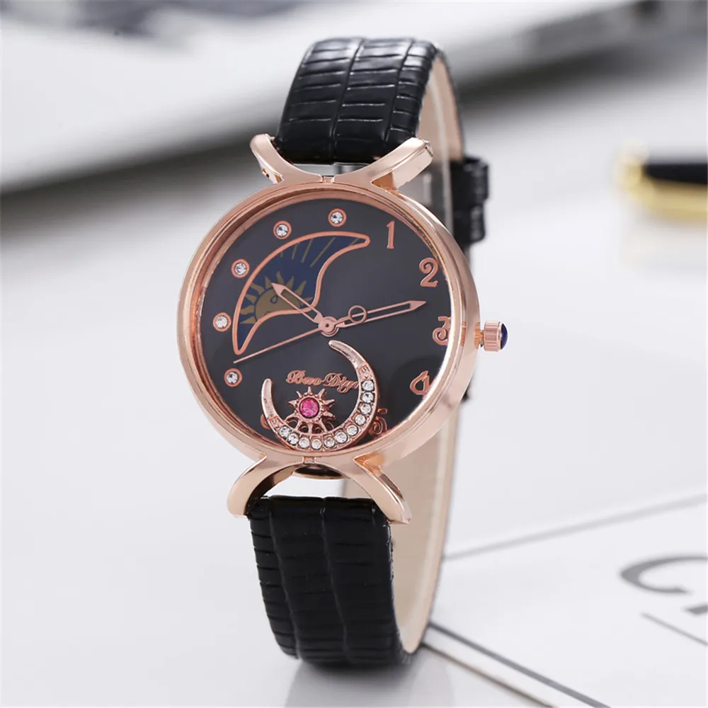 Elegant Moon with diamonds Watches Women Fashion Luxury Quartz Wristwatches Casual Female Leather Watch Creative Montre Femme