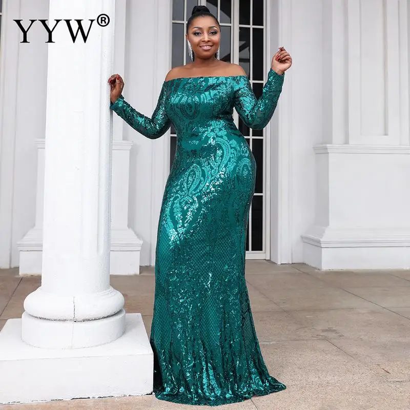 Sequin Green Evening Dresses High Waist One Piece Dress Large Hem Design Solid Green Off Shoulder Boat Neck Luxury Party Dresses