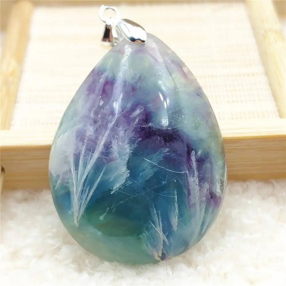 

Natural Blue Feather Fluorite Quartz Pendant Women Men Water Drop 40x30x10mm Fluorite Necklace Jewelry AAAAA