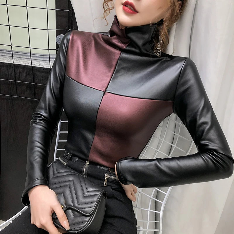 Womens Fashion Oversized Turtleneck Blouse Patchwork Plaid Slim Pullovers PU Leather Shirt Women Warm Velvet Elastic Ladies Tops