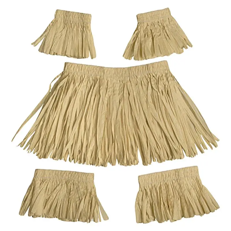 Tassel Garlandan Straw Skirt Five-Piece Suit Imitation Raffia Paper Men Women Stage Performance Dress Up Tassel Props Hawaiian