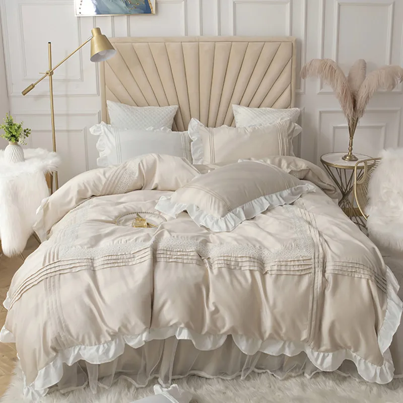 Beige Lace Ruffle Bedding Sets 100% Cotton Bedspread On The Bed Solid Color Duvet Cover Set Bed Skirt Pillowcases Home Textile