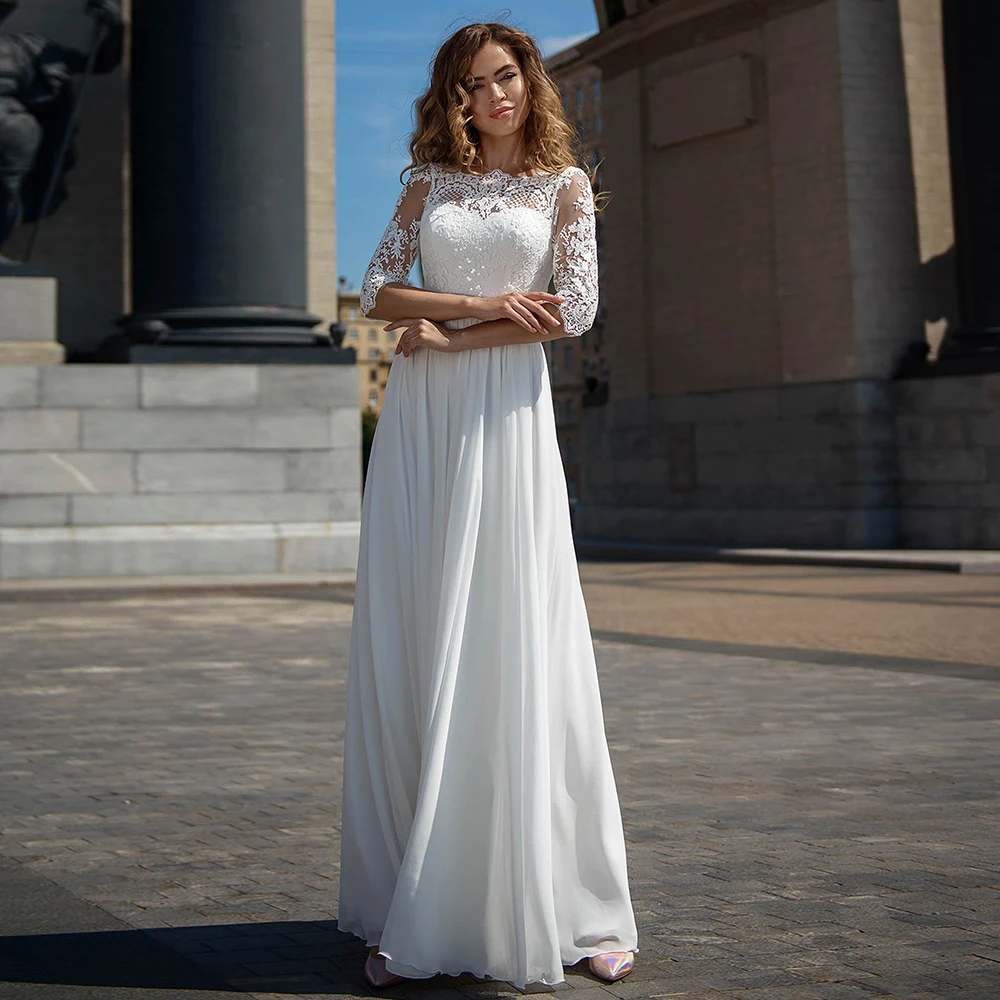 Vestido de novia clásico personalizado de gasa con corsé, encaje redondo y apliques hasta el suelo, vestido de novia de media manga