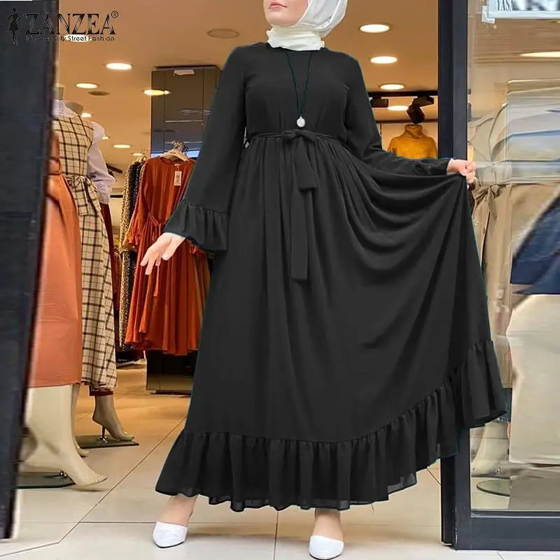 Kobiet muzułmańskich Sundress ZANZEA wiosna elegancka, z falbanami sukienka damskie, patchworkowe Maxi Vestidos na co dzień hidżab sukienka