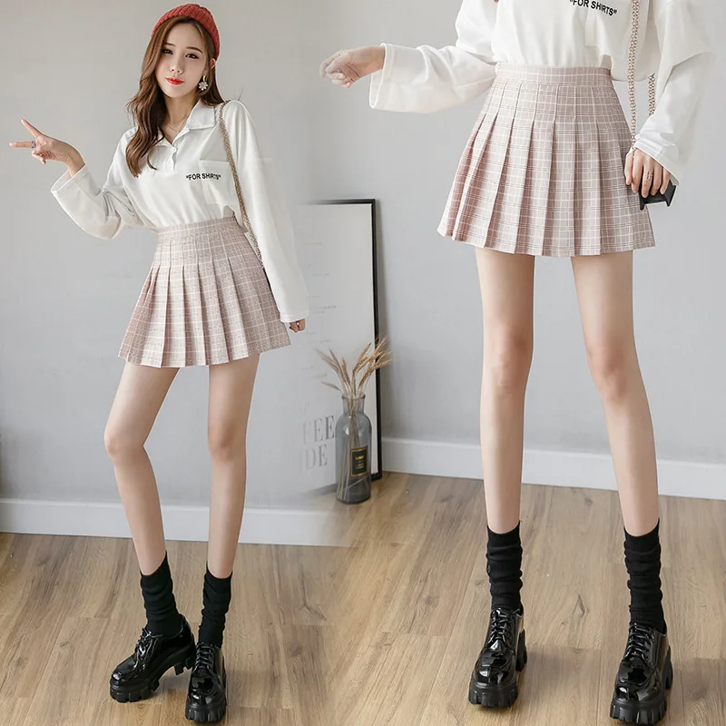 2020 New Korean Style Harajuku Women Fashion Mini Pleated Skirts Casual Loose Plaid Skirt  A-Line Skirt High Waist kawaii skirt