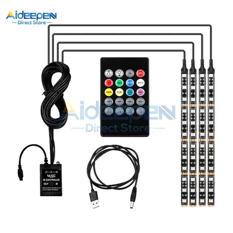 Tira de luces LED para Interior de coche, tira de luces RGB de atmósfera, inalámbrica, Control remoto IR, impermeable, SMD 5050, 48 LED