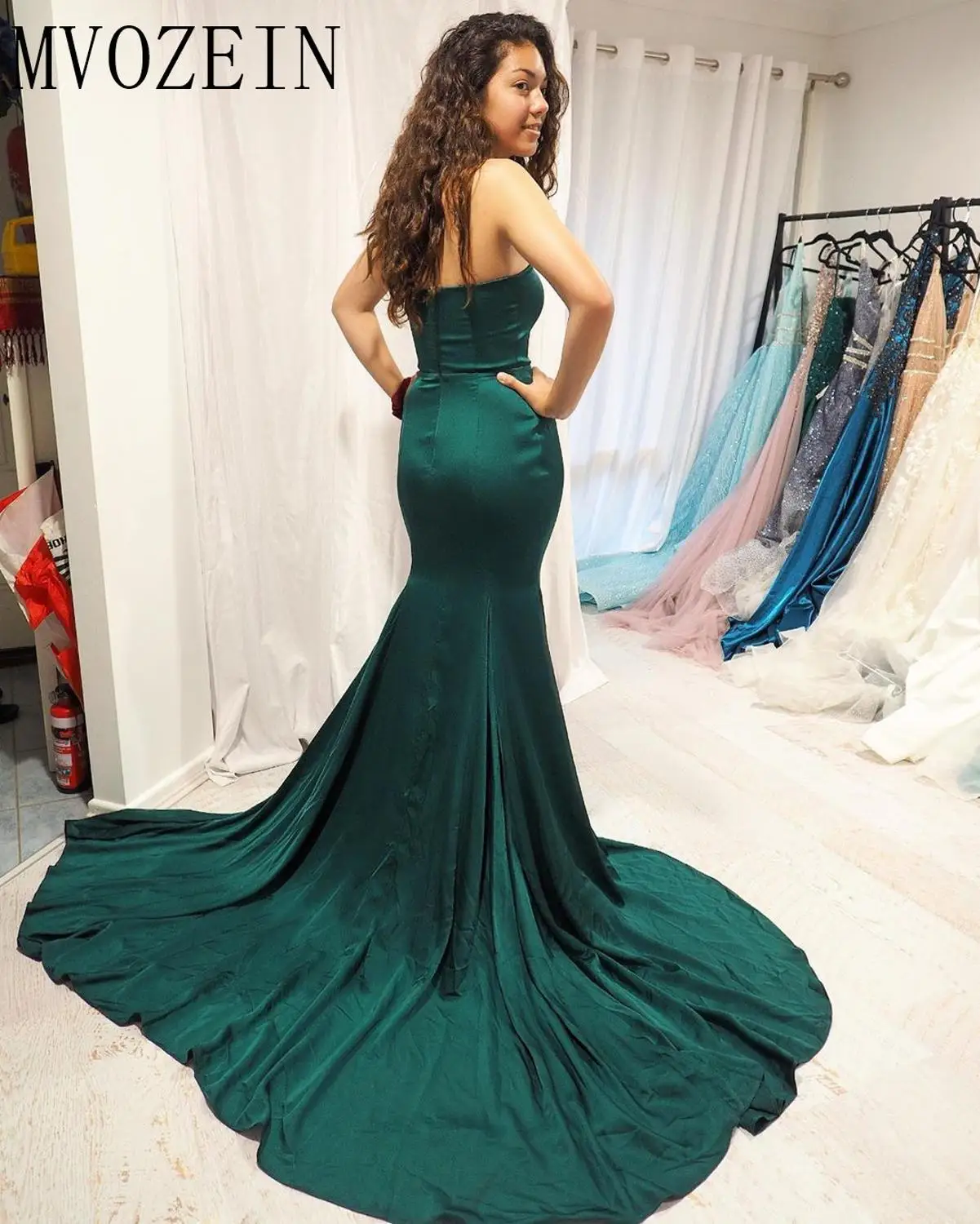 Green Mermaid Evening Dresses Satin Sweetheart Court Train Evening Dress Formal Party Gowns Vestido de festa Longo