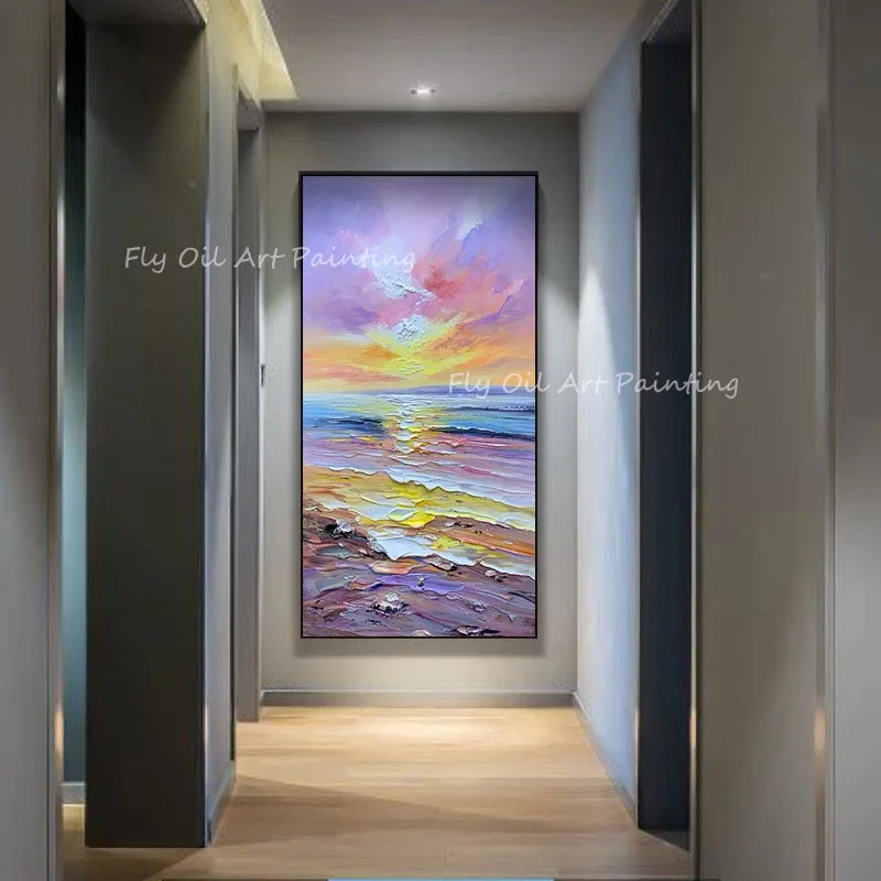 

Romantic 100% Handmade High Quality colorful sky seaside ocean purple Oil Painting Modern Picture On Canvas Home Office Decor