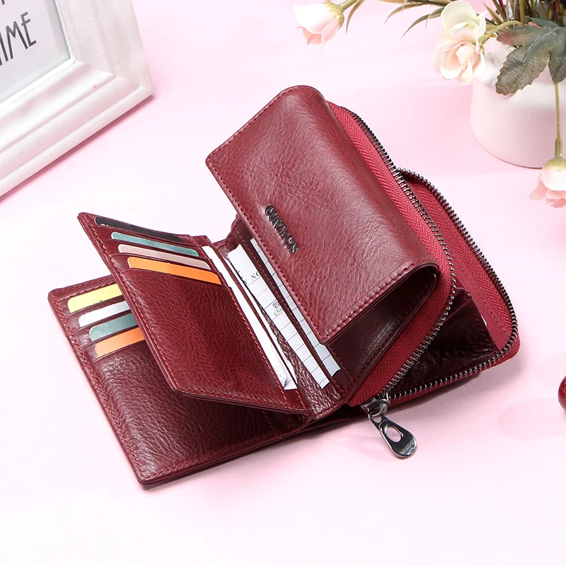 Contact\'S 100% Genuine Leather Fashion Women Wallets Trifold Design Money Bag Zipper Small Coin Purse for Girls Card Holder Bags