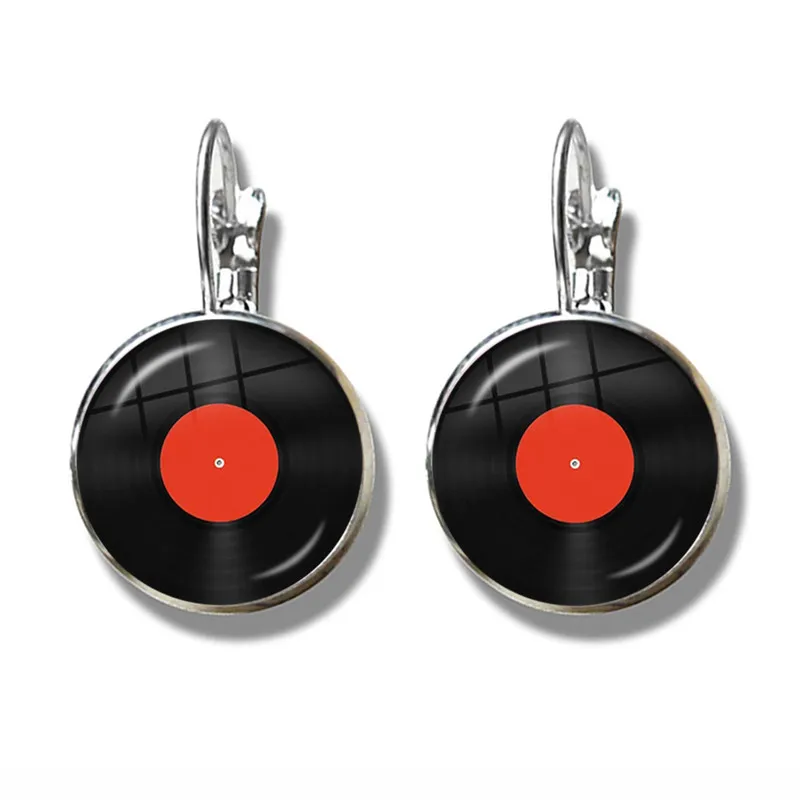 Steampunk Vinyl Record Drop Earrings Creative Printed Glass Cabochon Earrings for Retro Music Lovers Party Gift Wholesale