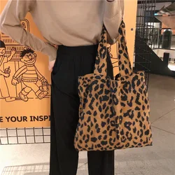 Leopard Print Women Shoulder Bags Vintage Ladies Corduroy Vest Bag Large Capacity Female Reusable Shopping Handbags Casual Tote