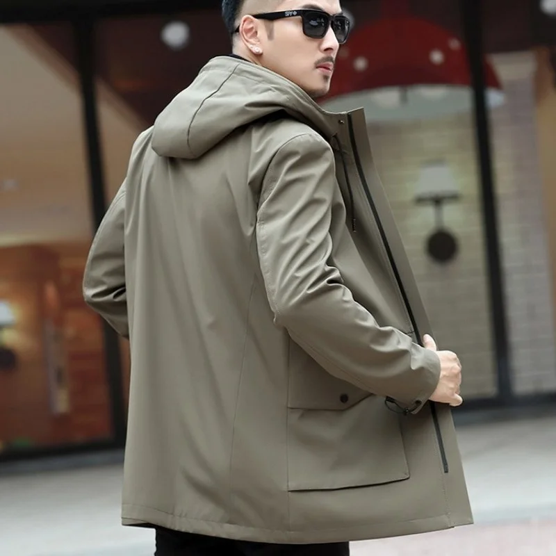 

Quality High Men Windbreaker Hoodie Trench Coat Vintage Business Man Office Work Mid Long Coats Autumn Padded Warm Cargo Outwear